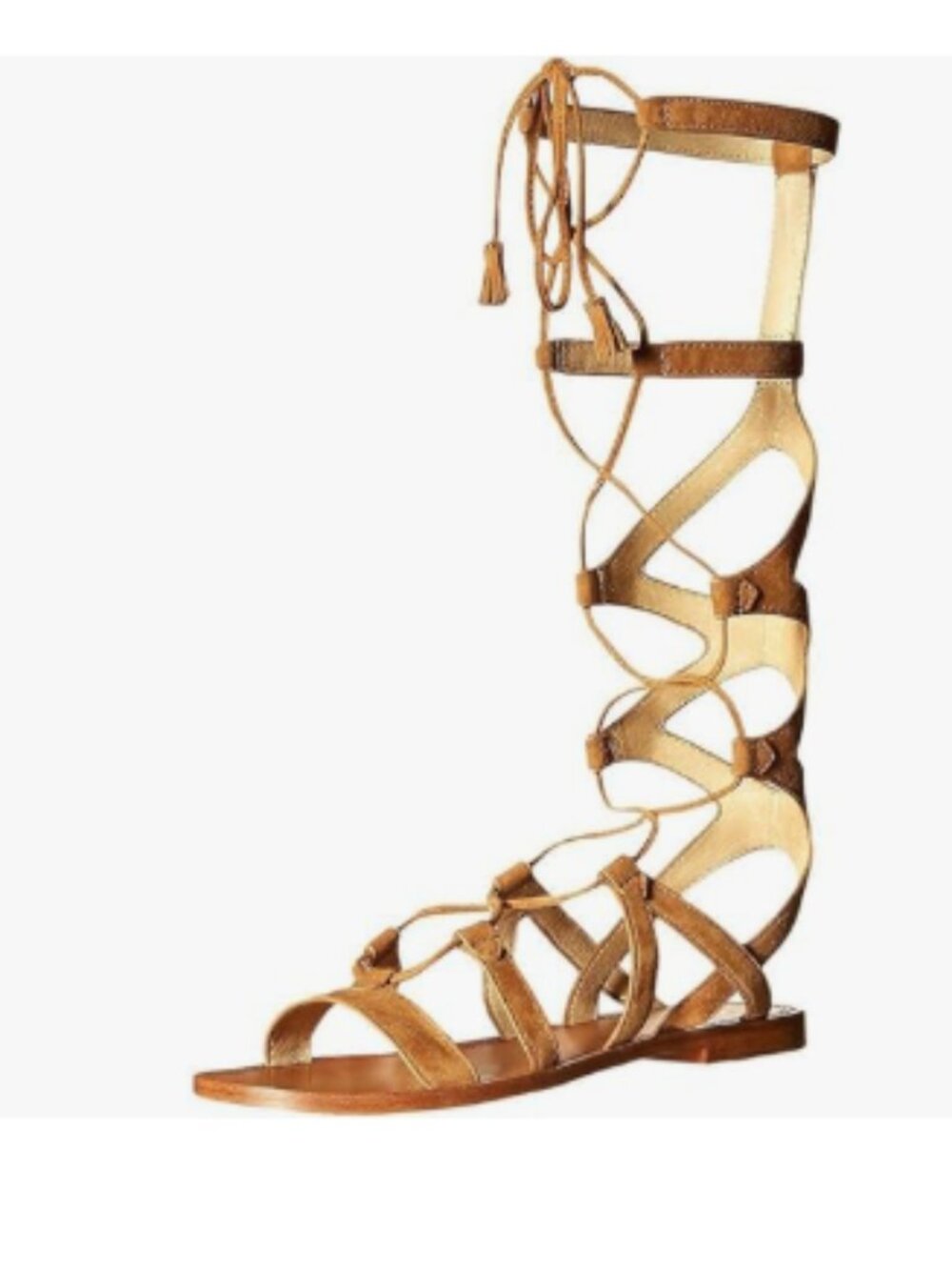 YDN Tan Sexy Knee High Lace up Flats Fringe Low Heel Gladiator Strap Sandals